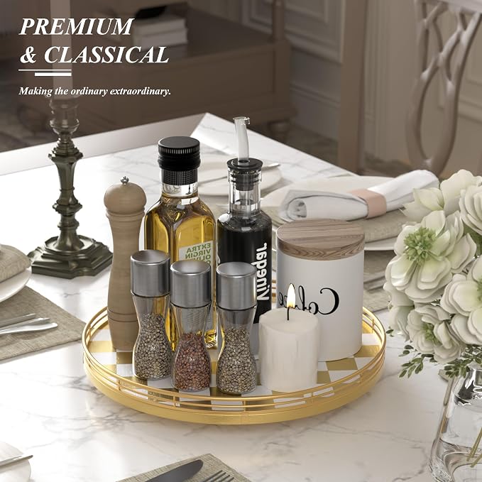 AMH 13-Inch Gold and White Checkerboard Lazy Susan with Rubberwood Base | Smooth rotating oak tray with walnut finish for dining tables, kitchen counters, pantries and cabinet storage.