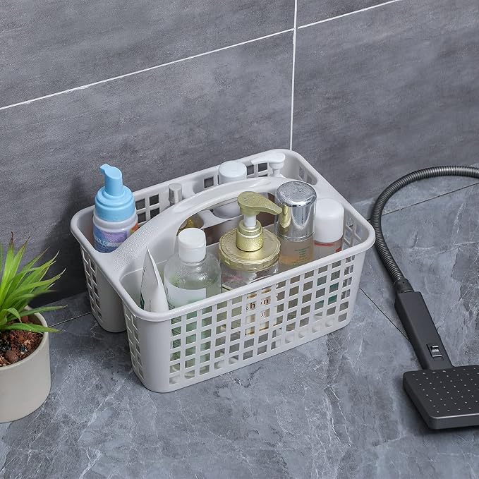 Portable Shower Caddy Basket Plastic Storage Basket with Divided Light Grey | Sturdy Large Capacity Cleaning Supplies Organizer Compartments Tool Bin for Bathroom Kitchen Bedroom College Dorm Essentials