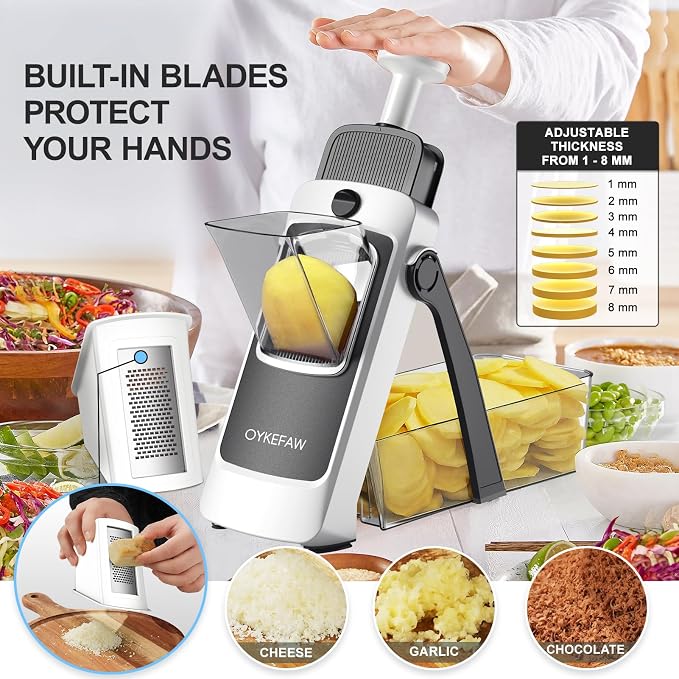 4th Gen Safe Mandoline Slicer For Kitchen, AdjustableThickness 0.1-8 Mm | Potato Slicer for Chips, 6 in 1 Vegetable slicer with Thickness Adjuster, Faster Kitchen Slicer for Meal Prep (Only Slice)