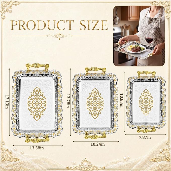 3 Pack Metal Serving Trays with Handles, Decorative Floral Platter Trays for Coffee Tea, Food, Dessert, Jewelry, for Buffet Wedding Party Kitchen Home Decor(Classic,Silver, Gold)