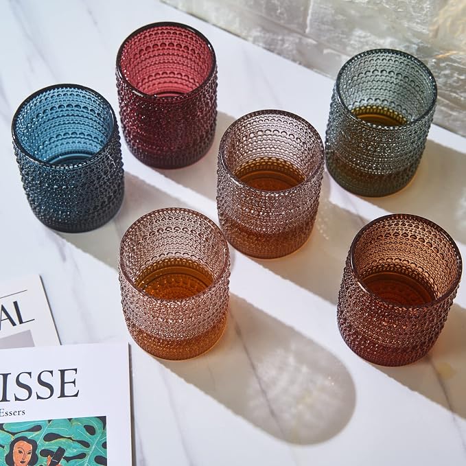 Vintage Beaded Hobnail Tumbler, Colored Drinking Glasses, Set of 6 | 11 oz | Vintage Colored Glass, HAND WASH ONLY, Comfortable Grip, Ideal for Whiskey, Water, Wine, Cocktails & Everyday Beverages