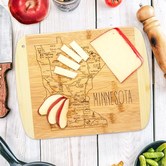 Totally Bamboo A Slice of Life Minnesota Engraved Map Cutting Board | 11” x 8.75” charcuterie board with engraved state map artwork. Smooth reverse side for food prep. Hang tie for wall display.
