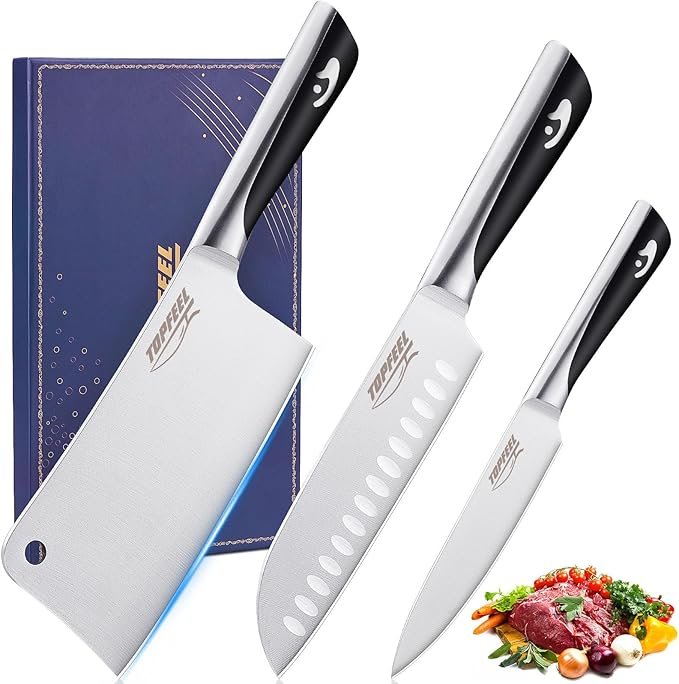 Topfeel 3PCS Butcher Knife Set,German High Carbon Steel Meat Cleaver | Includes 7" heavy-duty bone chopper, 7" Santoku and 5" utility knife with ergonomic ABS handles and gift box