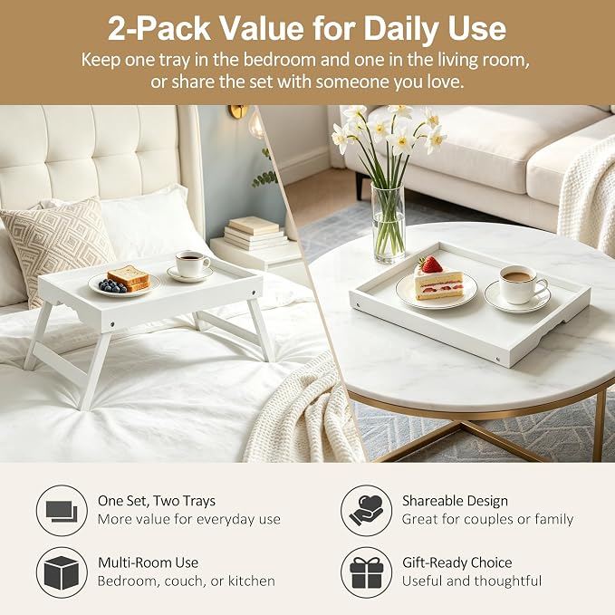 Bamboo Breakfast Trays with Folding Legs, Large, 2-Pack, White | Set of 2 large bamboo bed trays with folding legs and wave handles for meals, laptops and serving in bed.