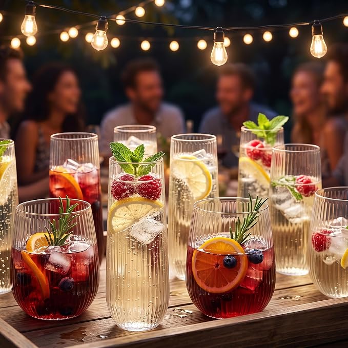 Lueumxc 48 Pack Plastic Wine Glasses Disposable Ribbed Champagne Flutes, 24 Pcs 9 OZ Stemless Champagne Flutes & 24 Pcs 15 OZ Disposable Wine Glasses, BPA-Free