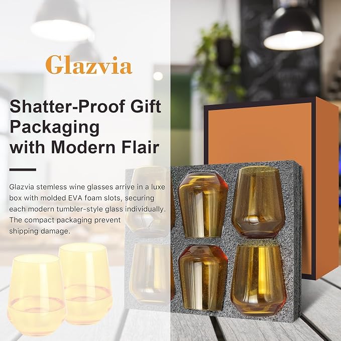Amber Stemless Wine Glasses Set of 6, 15oz Drinking Glassware Dishwasher Safe, Wine Glass Tumblers for Red or White, Gift for Party, Holiday, Anniversary, Restaurant, Home Bar, Daily Use