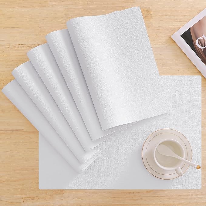 Homaxy PU Faux Leather Placemats for Dining Table, Set of 6, White | Waterproof Wipeable Washable Table Mats, Easy to Clean Anti-Slip Place Mats, 11.8" x 17"