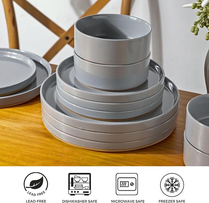 AmorArc Stoneware Dinnerware Sets for 8,24Pcs Plates and Bowls Set | Handmade Ceramic Dish Set,Dishwasher & Microwave Safe,Scratch Resistant-Gray