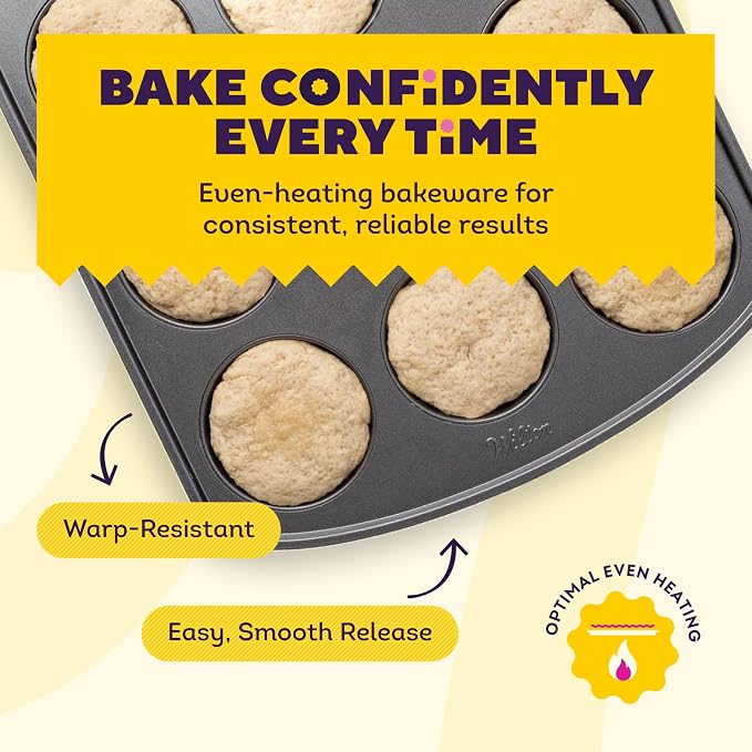 Wilton Gold Non-Stick Muffin Top Pan, Stainless Steel, 11 x 16 in. | Non-Stick Steel with Scratch-Resistant Coating, Resists Warping, Extended Handles, Dishwasher Safe, Perfect for Muffin Tops