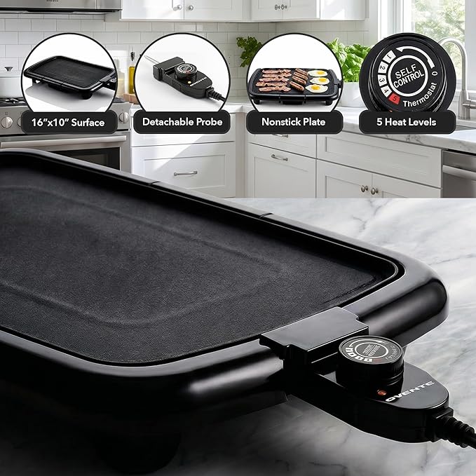 OVENTE Electric Griddle with 16 x 10 Inch Non-Stick Plate, Black GD1610B | Removable and Adjustable Temperature Control, Indoor Grill perfect for Instant Breakfast, Pancakes, Eggs or Burgers