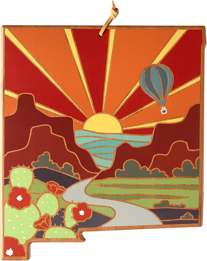 Totally Bamboo New Mexico State Shaped Cutting Board, Summer Stokes Art | State charcuterie board with colorful hand-drawn landscape art. Smooth reverse side for food prep. Hang tie for wall display.