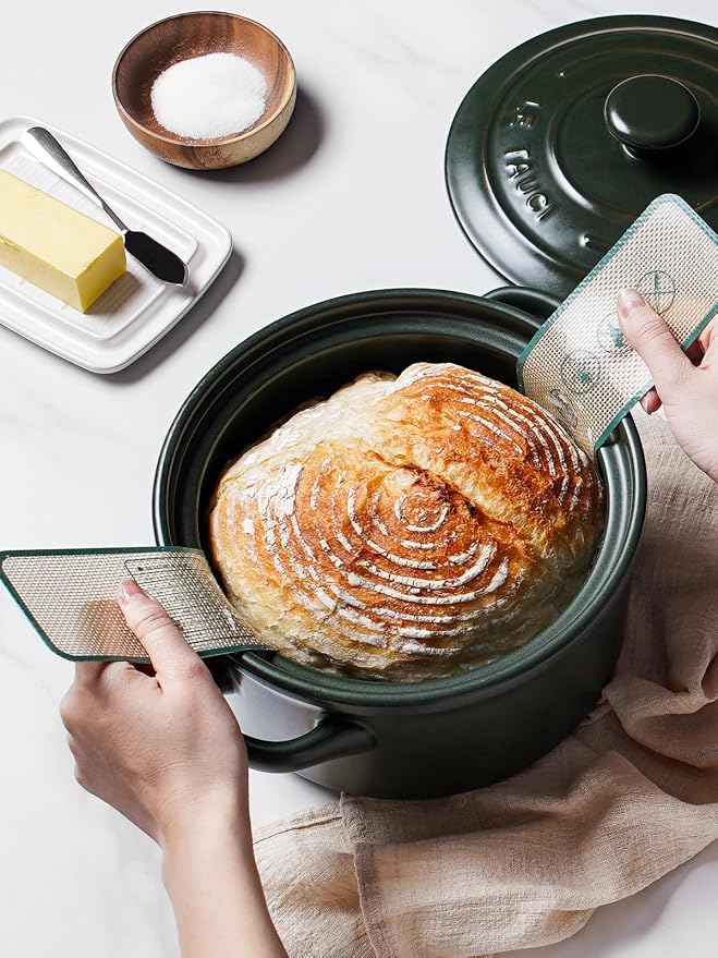 LE TAUCI 3 QT Ceramic Bread Baker with Lid for Sourdough, Covered Bread Baking Pot with Natural Steam Retention, Oven Safe to 500°F, Silicone Bread Sling Included, Forest Green