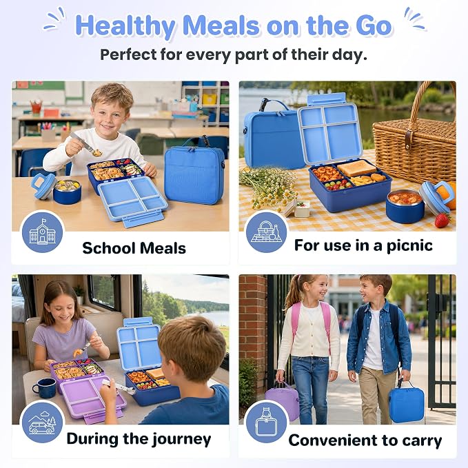 Bento Lunch Box with 8oz Soup Thermo,Kids Leakproof 4 Compartment Lunch Food Containers with Sauce Cup and Ice Pack,Kids Thermo Insulated Hot Food Jar and Lunch Bag for School,Trvael-Blue