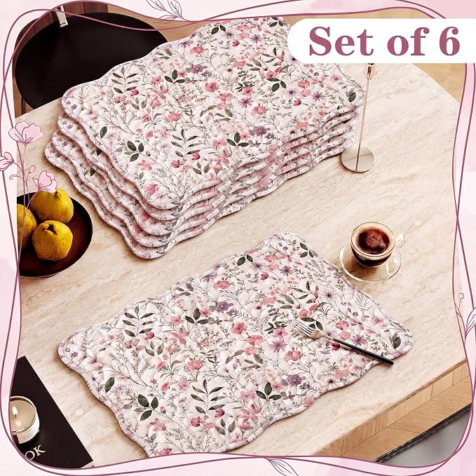 Quilted Placemats Set of 6, 18" x 13" Large Scalloped Cotton Placemat Washable Cloth Flowers Table Mats for Summer Party Kitchen Dining Farmhouse Cottagecore Decor(Flowers)