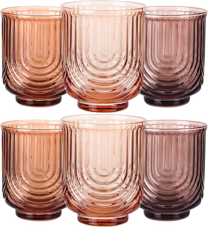 JOVGANK Amber Vintage Drinking Glasses Set of 6-14Oz Brown Glass Drinking Glasses, Art Deco Ripple Highball Glass, Whiskey Cocktail Glasses for Bar Coffee Juice, Housewarming and Mother's Day Gift