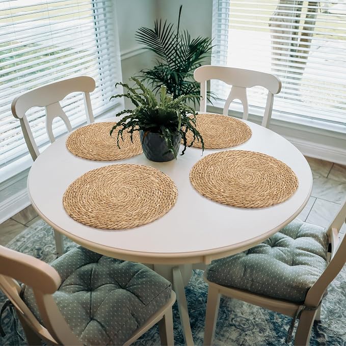 Kochorie Set of 12 Round Woven Placemats 15 Inch Bulrush Placemats Natural Handwoven Boho Rattan Wicker Table Mats for Farmhouse & Home Dining