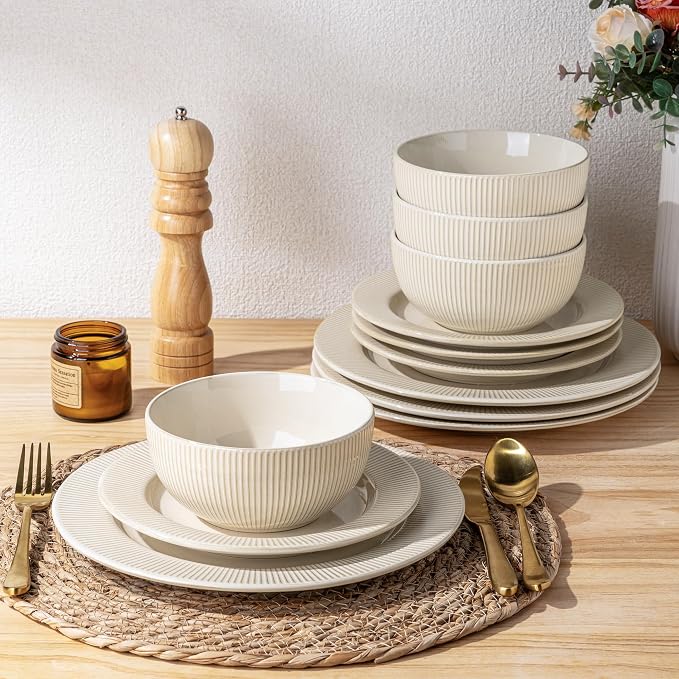 GBHOME Ceramic Dinnerware Sets of 4,12 pcs Plates and Bowls Sets Dishes | Embossed Elegant Stoneware Dishes Set | Dishwasher & Microwave Safe | Service for 4