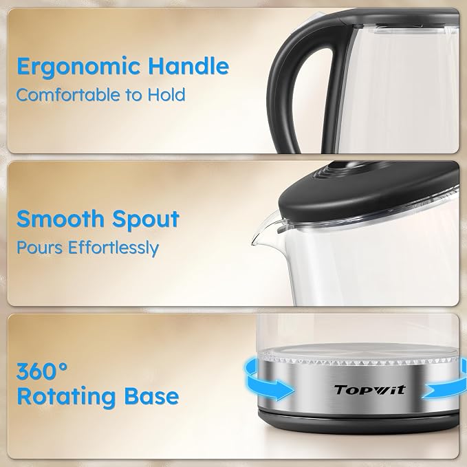 TOPWIT 2.0L Glass Electric Kettle, Hot Water Boiler, BPA-Free | Stainless Steel Bottom & Lid, Fast Boil, Auto Shut-Off & Boil-Dry Protection, No Plastic Odor | for Tea, Coffee, Home, Office