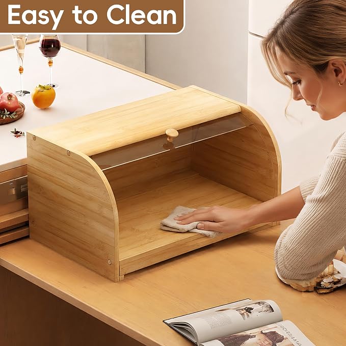 Roll Top Bread Box for Kitchen Countertop with Clear Lid | Natural bamboo, clear roll-top lid. Airtight small breadbox. Includes cutting board. Easy assembly, homemade bread storage