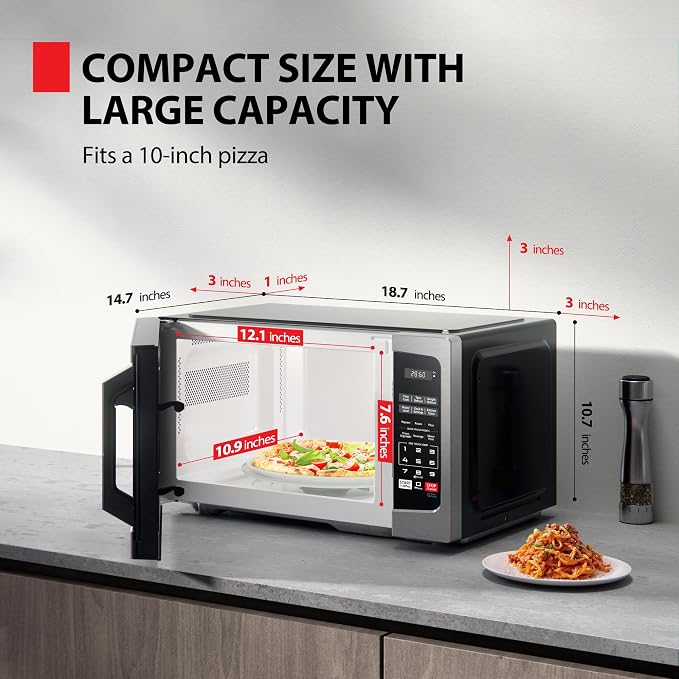TOSHIBA Microwave Oven, 0.9 Cu.Ft, 900W, Stainless Steel | 6 Auto Menus, 11 Power Levels, Mute Function, Child Lock, LED Lighting, for Apartments & Dorms