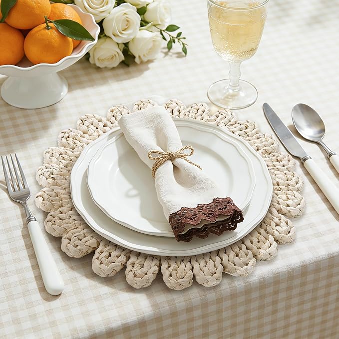13" Round Placemats Set of 8, Corn Husk Woven Placemat, Rustic White Place Mats for Dining Table Decor, Boho Rattan Wicker Plate Chargers for Wedding Dinner Party