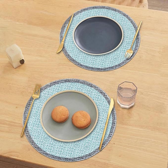 Blue Grey Ethnic Boho Round Placemats Set of 4, 15 Inch Linen Burlap Washable Durable Art Table Mats for Holiday Party Kitchen Dining Room Decoration