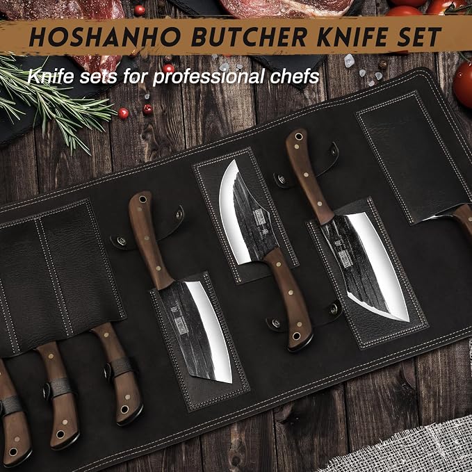 HOSHANHO Butcher Knife Set, Sharp Kitchen Knife Set & Roll Bag Gift for Men | Hand Forged 8PCS Butcher Chef Knife Set with Meat Cleaver Knife & Bone Chopper Knives & Fillet Knives for Home, Camping, BBQ