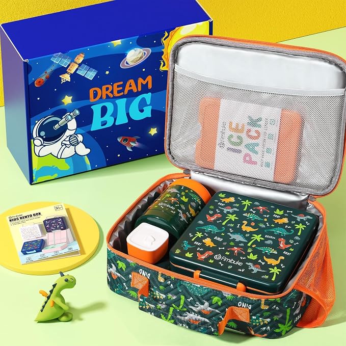 Fimibuke Kids Bento Snack Lunch Box with Thermo Insulated Toddler Lunch Bag | Lunch Box Kids with 4 Compartment, Food Jar, Ice Pack, Utensils, Birthday Gifts for Ages 3-12 Back to School Toddler Girl Boy