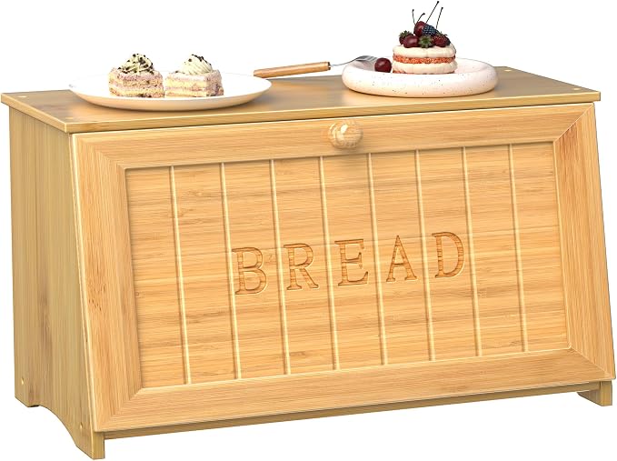 Vintage Bread Box for Kitchen Countertop, Retro Design Bread Storage Container, Farmhouse Wooden Counter Breadbox, Small Bamboo Bread Bin Holder for Homemade Bread, Natural