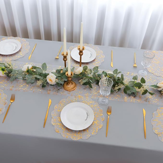 Snowkingdom Gold Placemats Set of 50, Gold Metallic Mesh Glitter Foil Floral Scalloped 13" Round Disposable Doilies for Dinning Table Fall Wedding Birthday Party Thanksgiving Christmas Decorations