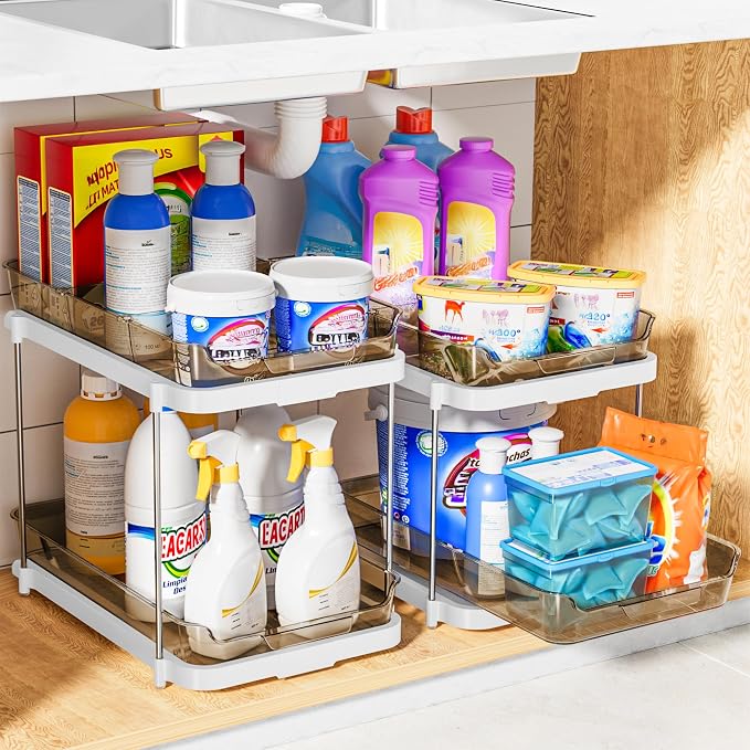 Delamu 2-Tier Multi-Purpose Bathroom Under Sink Organizers and Storage, Stackable Kitchen Pantry Organization, Pull Out Medicine Cabinet Organizer with Movable Dividers, Amber, 2 Pack
