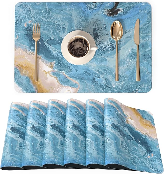 QIYI PU Leather Placemats Set of 6, 12"x18" Waterproof Table Mats, Seafoam | Faux Leather, Heat Resistant, Anti Slip, Wipeable Place Mats for Kitchen Dinning, Party Table Décor, Blue Fluid Marble