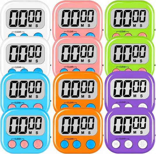 ZILLEEN Digital Kitchen Classroom Timers for Kids Cooking 12pcs MulticolorA | Strong Magnetic, Large Screen, Big Button, Kitchen Timers for Cooking Teacher Study, Blue Green Pink Purple White Orange