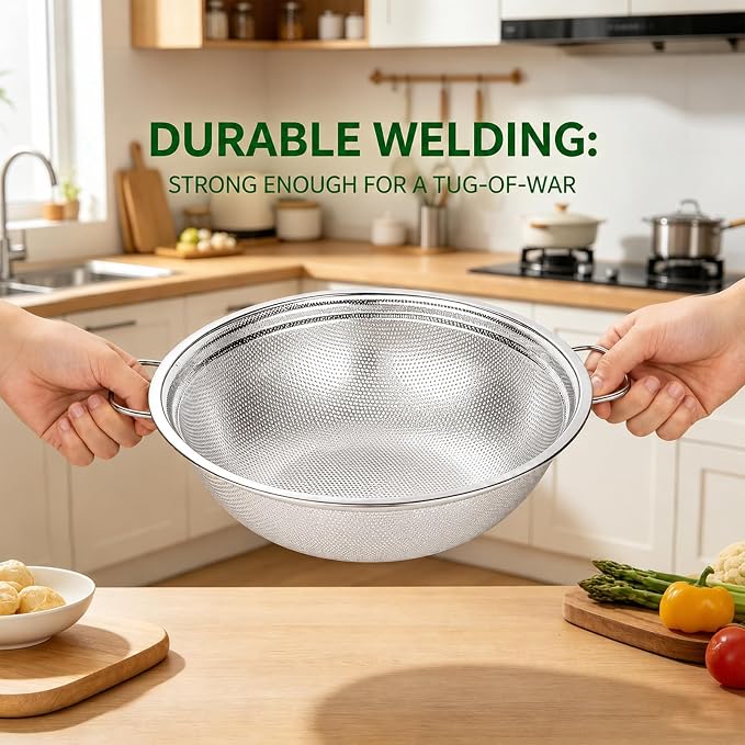 Stainless Steel Colander Set of 3, Micro-Perforated Metal Kitchen Strainer Set with Handles & Feet for Draining Pasta, Washing Rice, Vegetables - Heavy Duty 18/8 Steel (2, 3, 5 Quart)