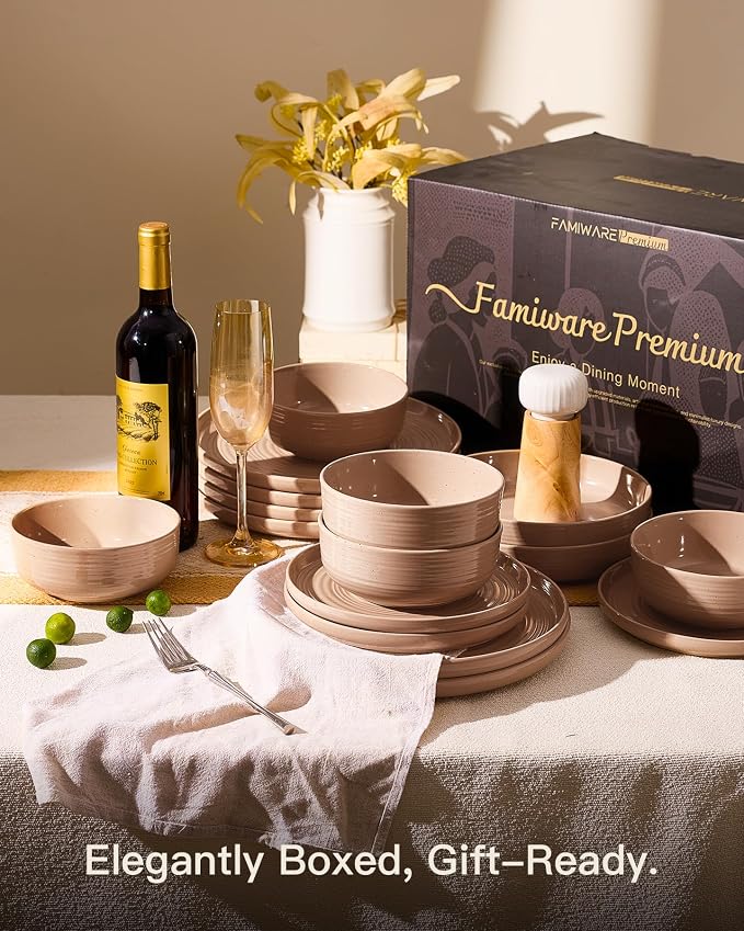 Stoneware Dinnerware Sets for 8, Plates and Bowls, Brown | 24-Piece Ceramic Speckled Spiral Dishes, Chip & Scratch Resistant, Microwave & Dishwasher Safe, Everyday Use, Farmhouse Style