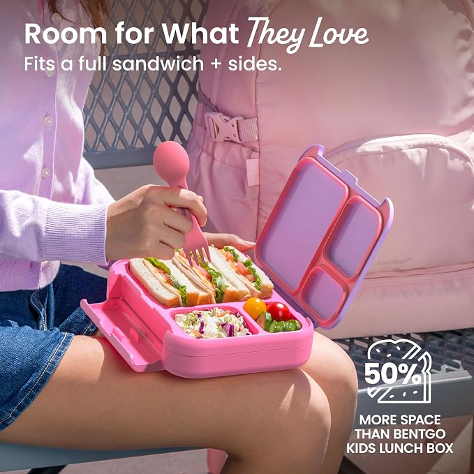 Bentgo Kids Stow & Go Leak-Proof Lunch Box with Built-In Utensil | 3.5-Cup Capacity, Removable Tray, Portion-Perfect Compartments for Kids and Teens, 2-in-1 Spoon & Fork (Lilac Pink)