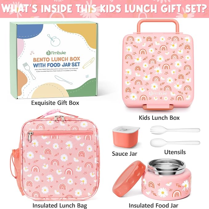Fimibuke 60oz Kids Bento lunch Box with Insulated Lunch Bag & 8.5oz Thermo | Leakproof 3-4 Compartment Toddler Kids Lunch Box Food Container w/ Utensils, Sauce Cup for School Boys Girls, Dishwasher Safe