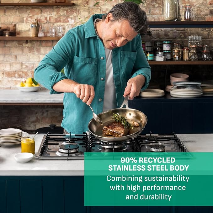 T-Fal Jamie Oliver Cooks Smart Stainless Steel Frying Pan, 11 in Skillet | Induction compatible, Oven safe to 500°F, Stainless steel interior, Dishwasher safe, Cast stainless steel handles