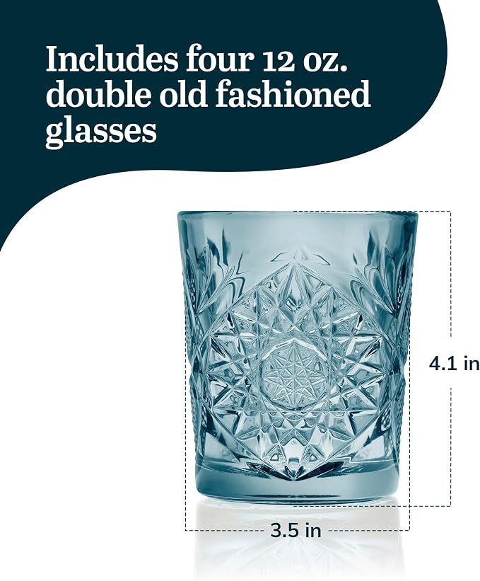 Libbey Hobstar Double Old Fashioned Glasses, Blue Colored Cut Glass Drinking Glasses Set of 4, Durable, Vintage Whiskey Glasses for Cocktail, Drinks