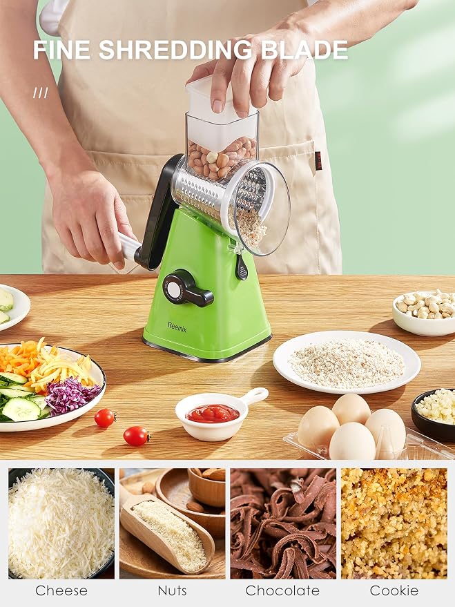 Rotary Cheese Grater with Handle, Reemix Vegetable Cheese Grater | Shredder Slicer Grater for Kitchen 3 Changeable Blades for Cheese Potato Zucchini Nuts Chocolate (Green)