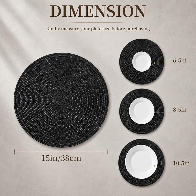 TaroKitc 15 in Round Placemats Set of 6, Washable Woven Braided Dining Table Mats, Heat Resistant Non-Slip Circle Place Mats for Kitchen Home Party Table Decor, Indoor & Outdoor - Black