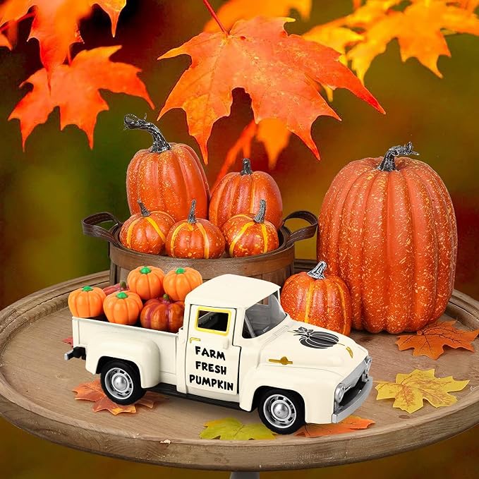 Hooqict Fall Pumpkin Truck Thanksgiving Decor with 8 Pumpkins Mini Metal Truck Vintage Pickup Car Model for Fall Autumn Harvest Thanksgiving Table Decorations Kitchen Farmhouse Tiered Tray Decor