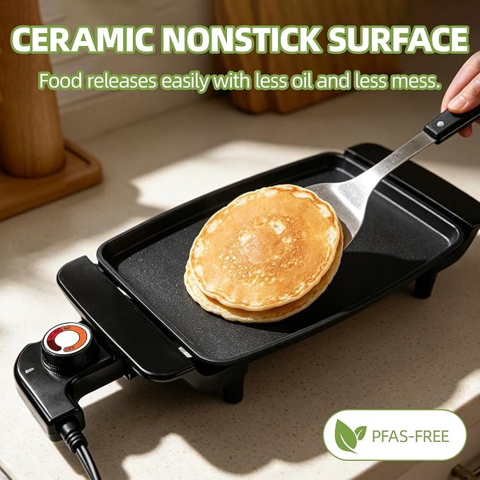 Small Electric Griddle, 10 Inch Mini Ceramic Non-Stick Electric Skillet with Adjustable Thermostat, 1200W Single Serve Grill for Breakfast, Cooking for Pancakes, Eggs, Sausage
