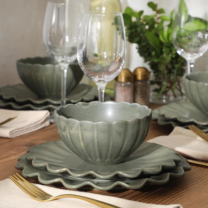 Gibson Elite Bistro Fleur Plates and Bowls Sets, 12-Piece Stoneware Dinnerware Set for 4, Matte Green Scalloped Dish Set with Dinner Plates, Salad Plates & Bowls