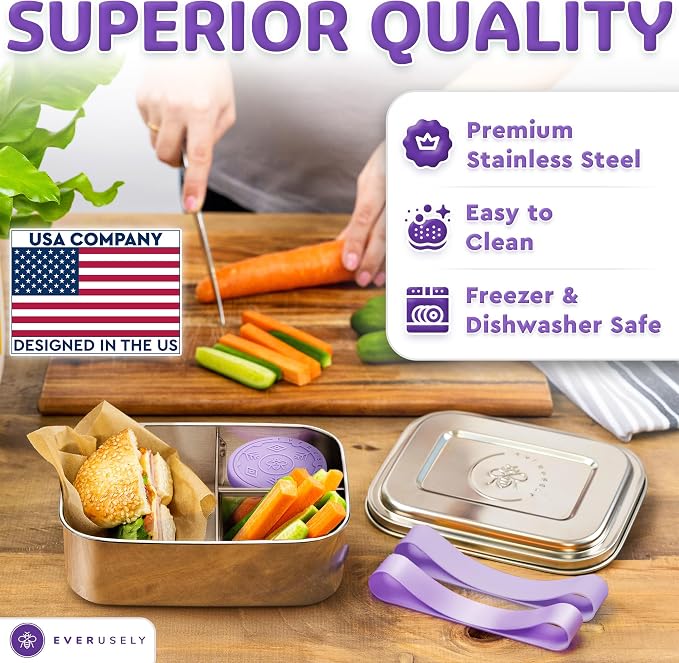 Stainless Steel Bento Box + Condiment Container - Lavender, 37oz / 1.1 L | Everusely metal lunch box, leakproof sauce container, 3 compartment snack organizer for travel, freezer & dishwasher safe