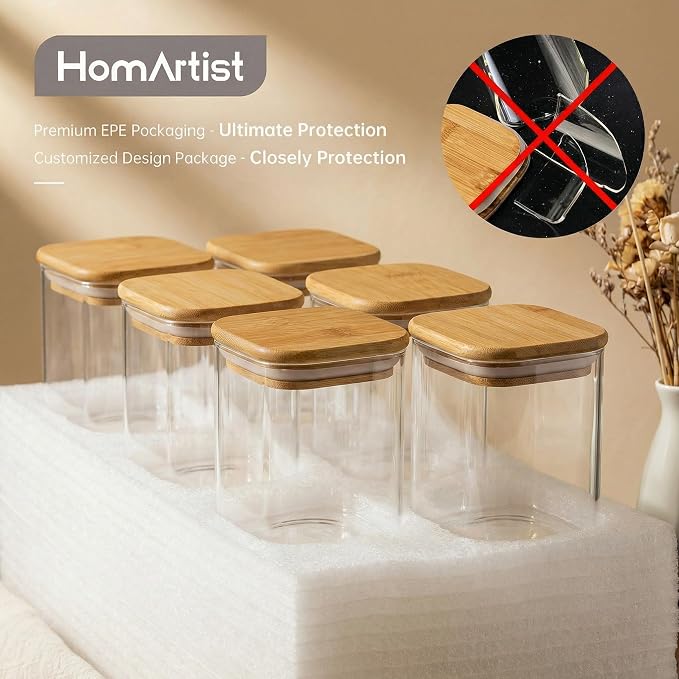 27oz Square Glass Food Storage Containers with Airtight Bamboo Lids, 4 Pack | Pantry Jars for Flour, Sugar, Pasta & Spices, Durable Borosilicate Glass Canister Keep Food Dry & Fresh, Easy to Fill & Clean