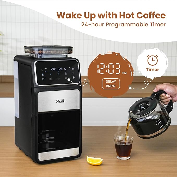 Gevi 10-Cup Drip Coffee Maker With Built-In Burr Grinder & Touch Screen | Programmable Brewing, 4-Hour Warming Plate, Permanent Filter, Included Glass Carafe for Fresh Grind-And-Brew Coffee at Home