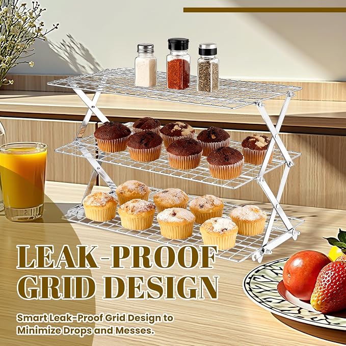 BEWOS 3-Tier Collapsible Cooling Rack - Adjustable Stainless Steel Baking Rack with X-Shaped Design and Leak-Proof Mesh Surface, Mirror Polished & Dishwasher Safe Cooling Rack
