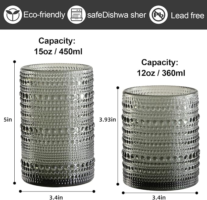 ZMOWIPDL Drinking Glasses Set of 12,Grey 12oz & 15oz Hobnail Glass Cups | Vintage Glassware，Embossed Water Tumbler,for Beer,Cocktail,Whiskey,Juice and Various Mixed Drinks- 1 Cleaning Brush