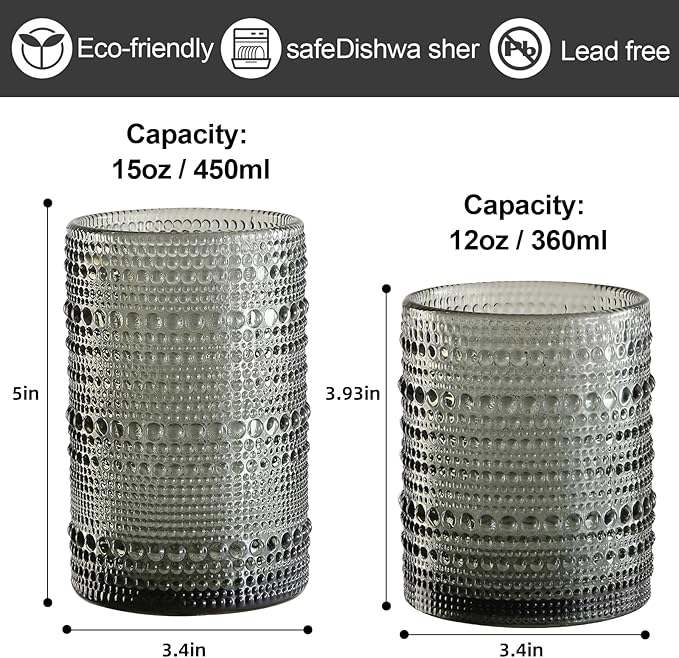 ZMOWIPDL 12oz & 15oz Hobnail Drinking Glasses,Grey Glass Cups Set of 8 | Vintage Highball Glassware，Kitchen Drinkware，Embossed Water Tumbler,for Beer,Cocktail,Whiskey,Juice,Various Mixed Drinks